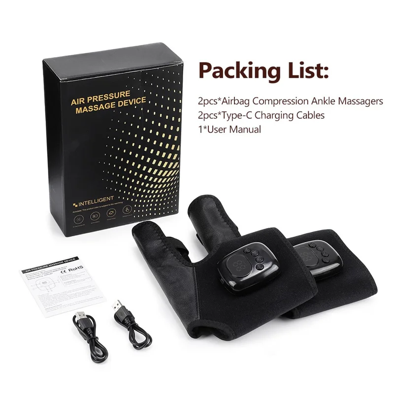 2Pcs Ankle Massager Air Compression Heating Pad 4 Levels 3 Temperature NTC Control for Pain Relief - Black