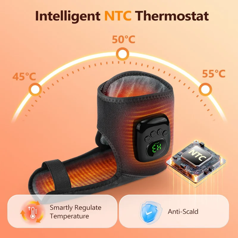 2Pcs Ankle Massager Air Compression Heating Pad 4 Levels 3 Temperature NTC Control for Pain Relief - Black