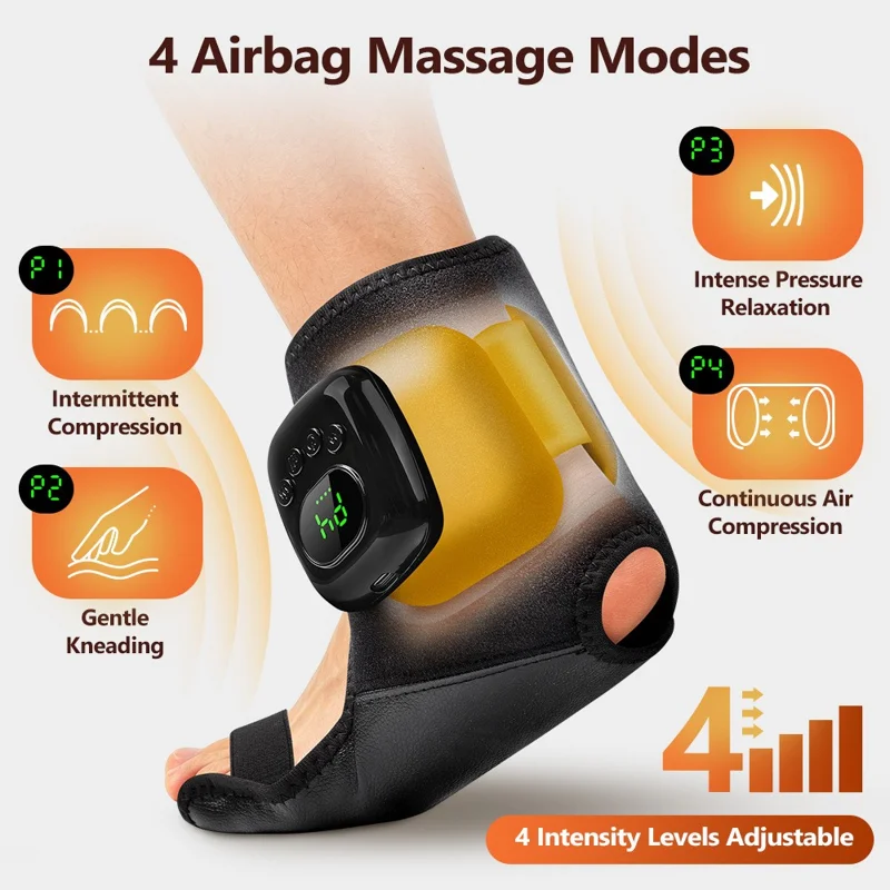 2Pcs Ankle Massager Air Compression Heating Pad 4 Levels 3 Temperature NTC Control for Pain Relief - Black