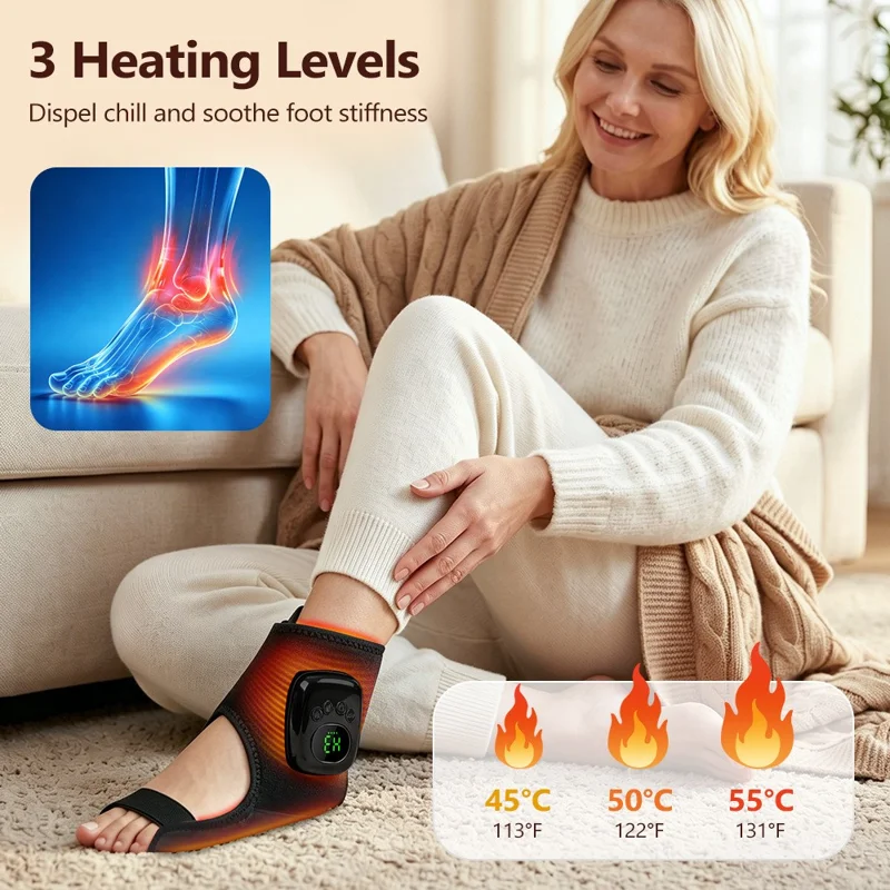 2Pcs Ankle Massager Air Compression Heating Pad 4 Levels 3 Temperature NTC Control for Pain Relief - Black
