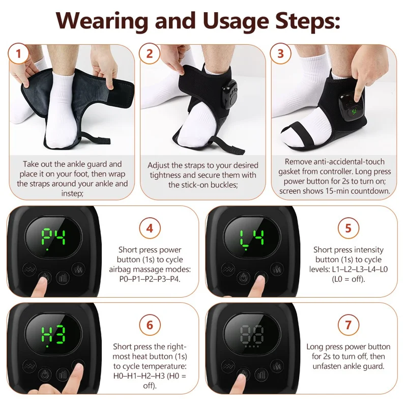 2Pcs Ankle Massager Air Compression Heating Pad 4 Levels 3 Temperature NTC Control for Pain Relief - Black