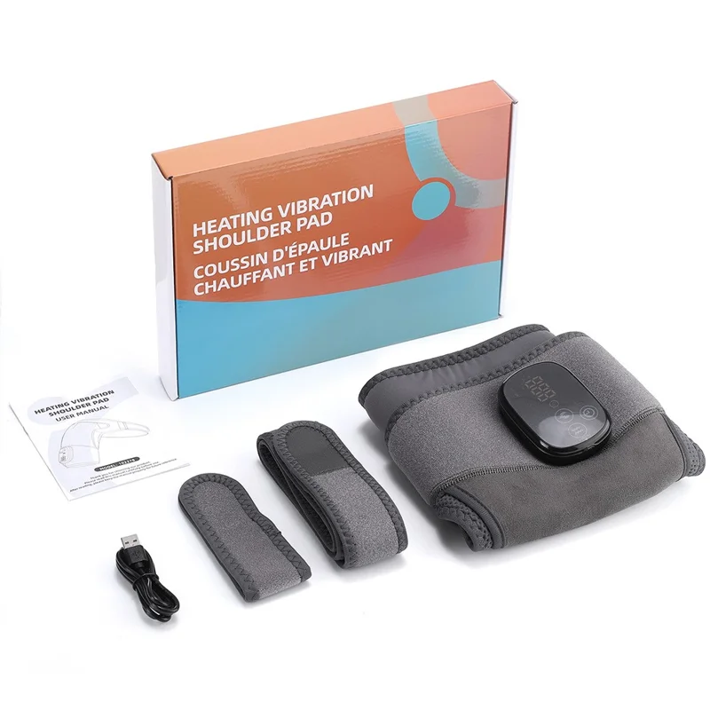 Shoulder Massager 4 Motors 5 Speed Vibration Wireless Rechargeable Heat Therapy Pad - Grey