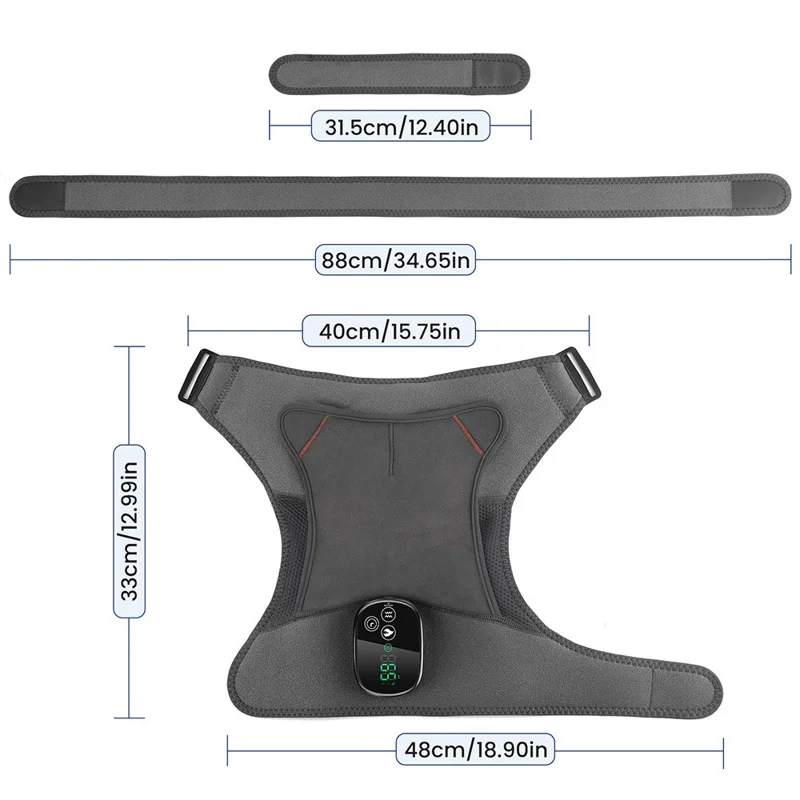 Shoulder Massager 4 Motors 5 Speed Vibration Wireless Rechargeable Heat Therapy Pad - Grey