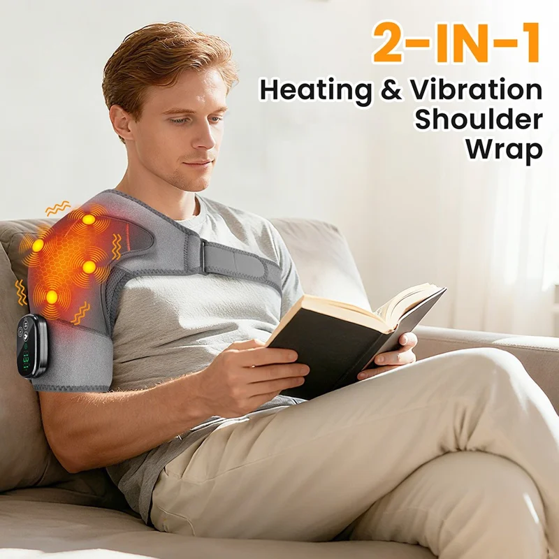 Shoulder Massager 4 Motors 5 Speed Vibration Wireless Rechargeable Heat Therapy Pad - Grey