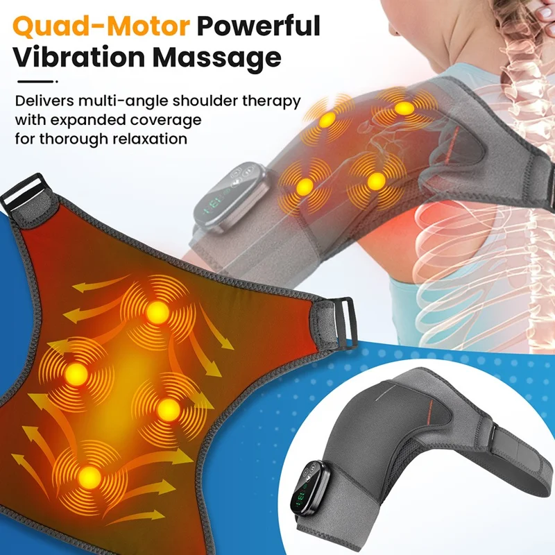 Shoulder Massager 4 Motors 5 Speed Vibration Wireless Rechargeable Heat Therapy Pad - Grey