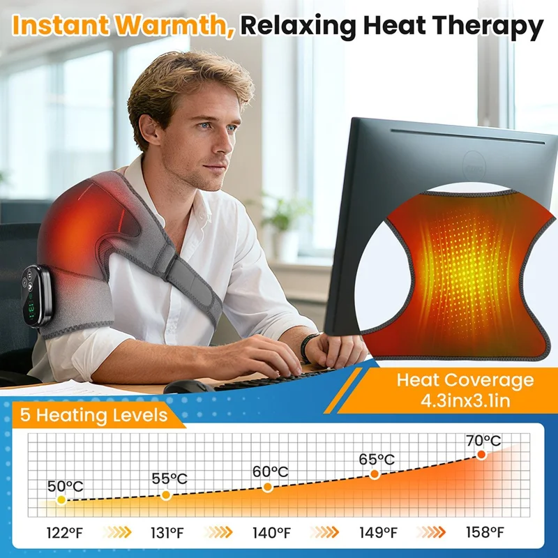 Shoulder Massager 4 Motors 5 Speed Vibration Wireless Rechargeable Heat Therapy Pad - Grey