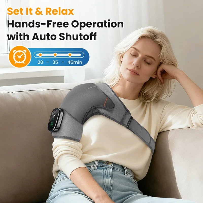 Shoulder Massager 4 Motors 5 Speed Vibration Wireless Rechargeable Heat Therapy Pad - Grey