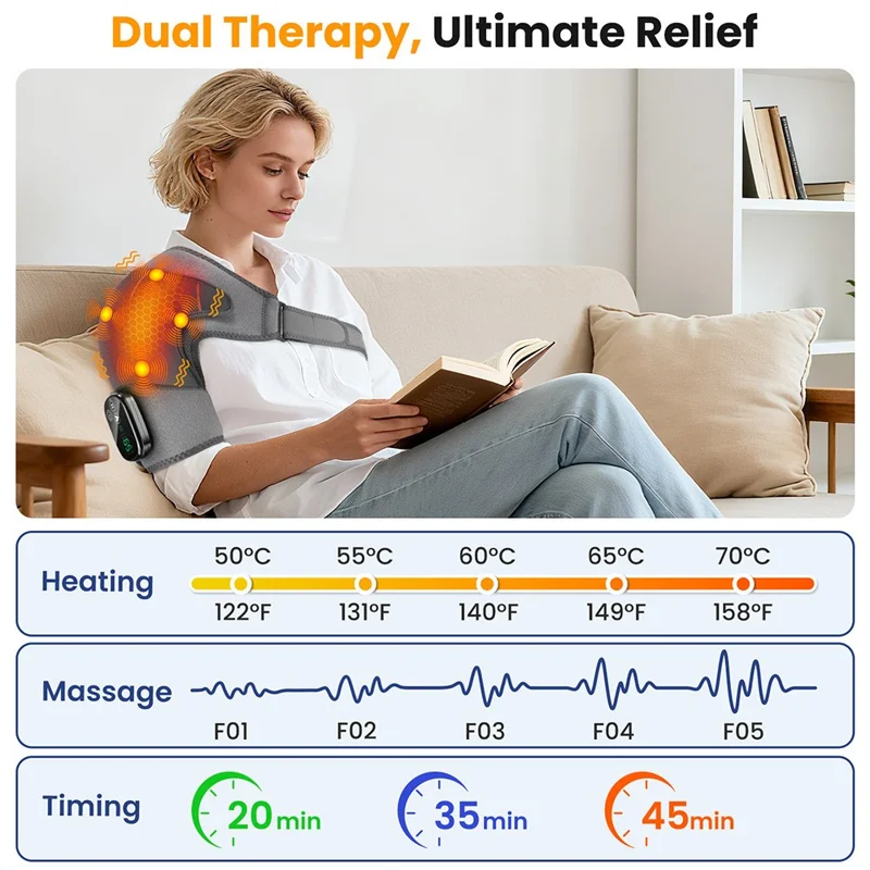 Shoulder Massager 4 Motors 5 Speed Vibration Wireless Rechargeable Heat Therapy Pad - Grey