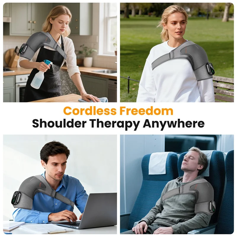 Shoulder Massager 4 Motors 5 Speed Vibration Wireless Rechargeable Heat Therapy Pad - Grey