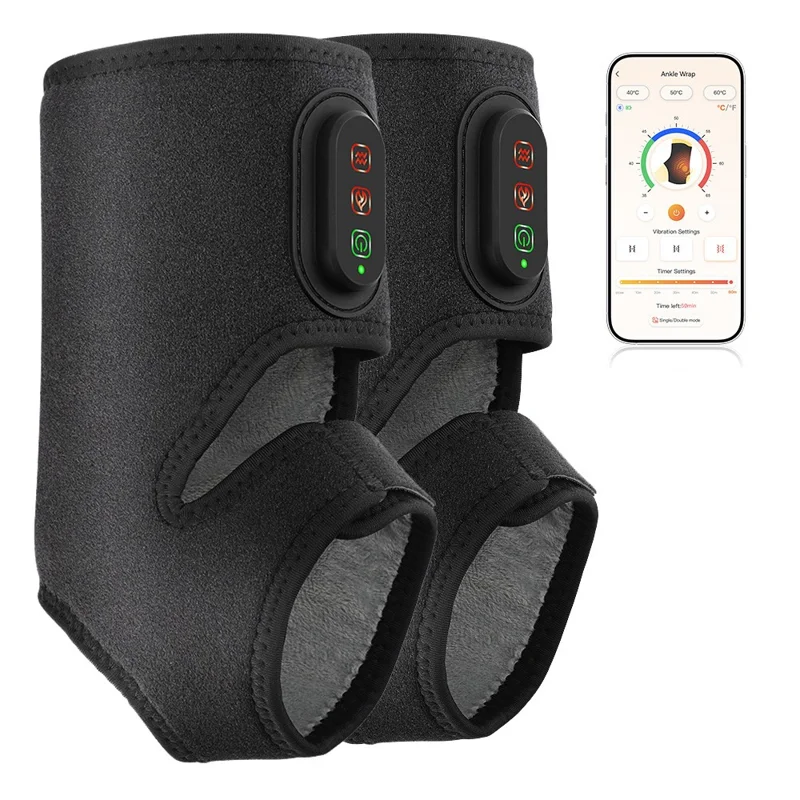 1 Pair App Control Heated Ankle Massager 3-Level Vibration Smart Timer Foot Heat Therapy Device - Black