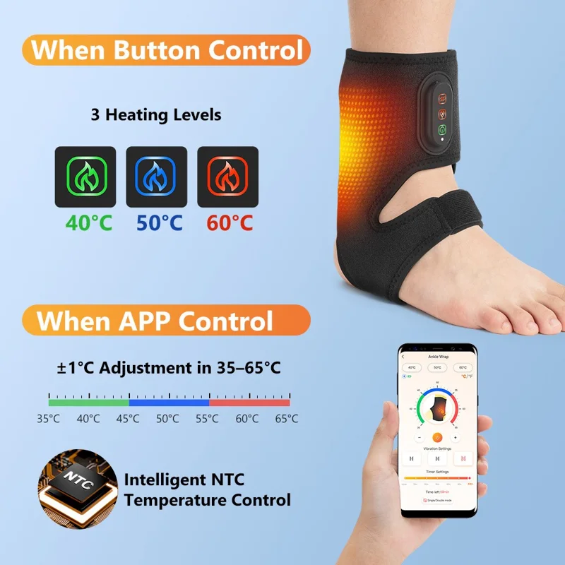 1 Pair App Control Heated Ankle Massager 3-Level Vibration Smart Timer Foot Heat Therapy Device - Black