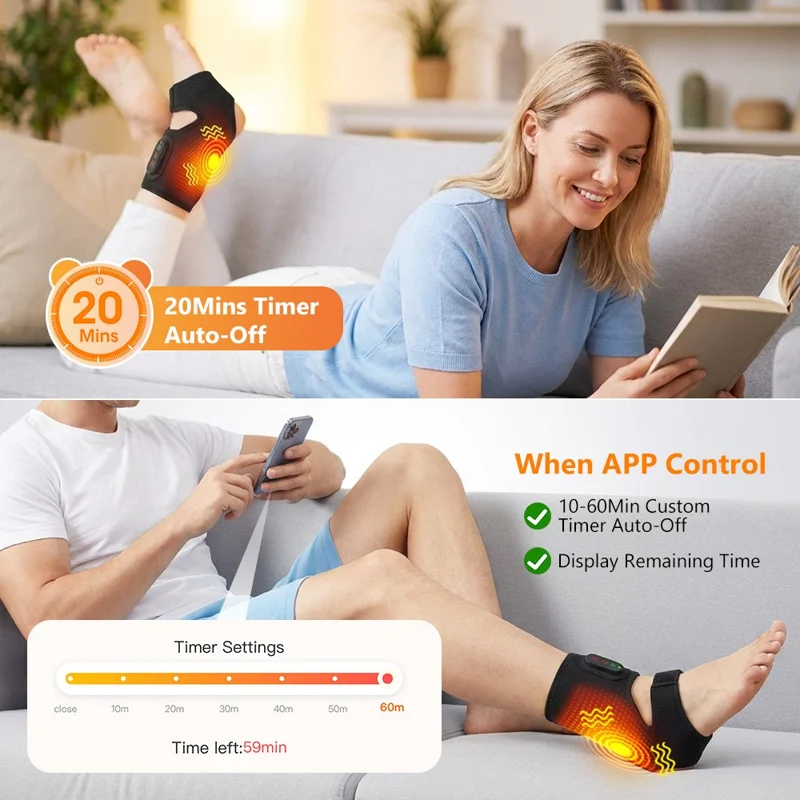 1 Pair App Control Heated Ankle Massager 3-Level Vibration Smart Timer Foot Heat Therapy Device - Black