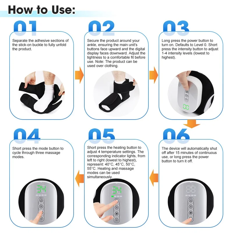 1Pc Electric Heated Foot Massager Airbag Compression Ankle Heat Therapy Device - Black