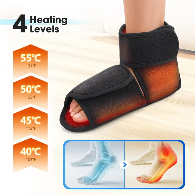 1Pc Electric Heated Foot Massager Airbag Compression Ankle Heat Therapy Device - Black