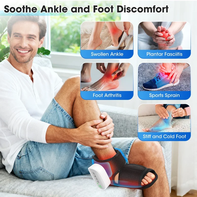 1Pc Electric Heated Foot Massager Airbag Compression Ankle Heat Therapy Device - Black