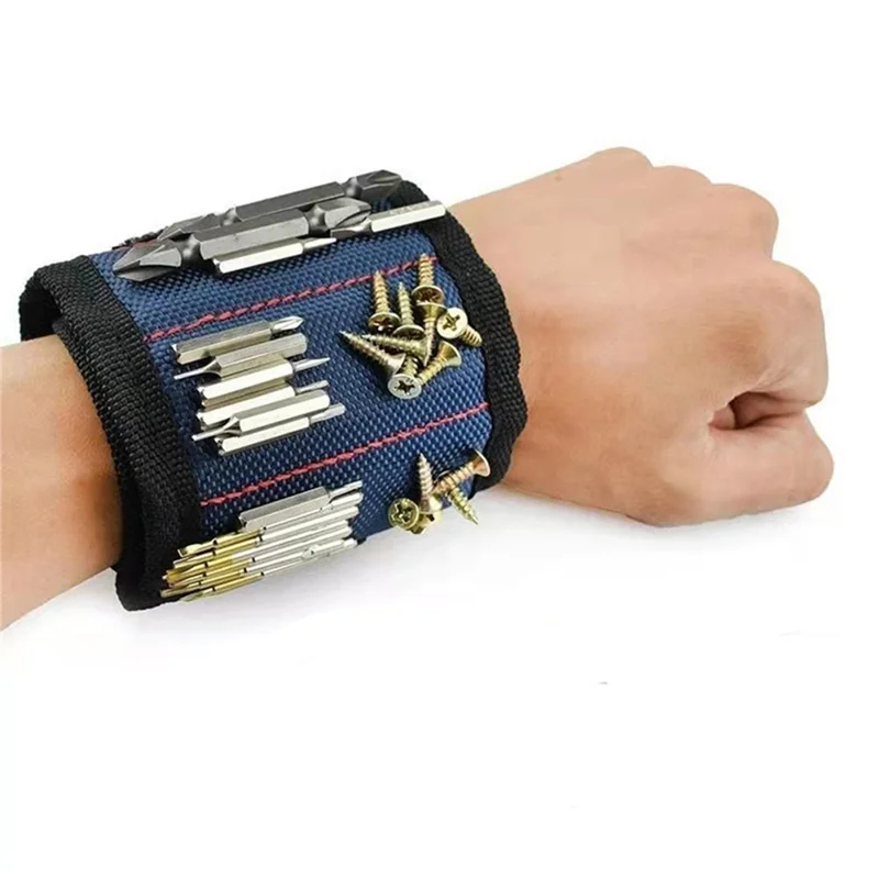 3-Row 9-Magnet Magnetic Tool Wristband Breathable Mesh Adjustable Magic Tape - Blue