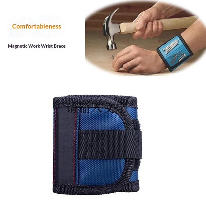 3-Row 9-Magnet Magnetic Tool Wristband Breathable Mesh Adjustable Magic Tape - Blue