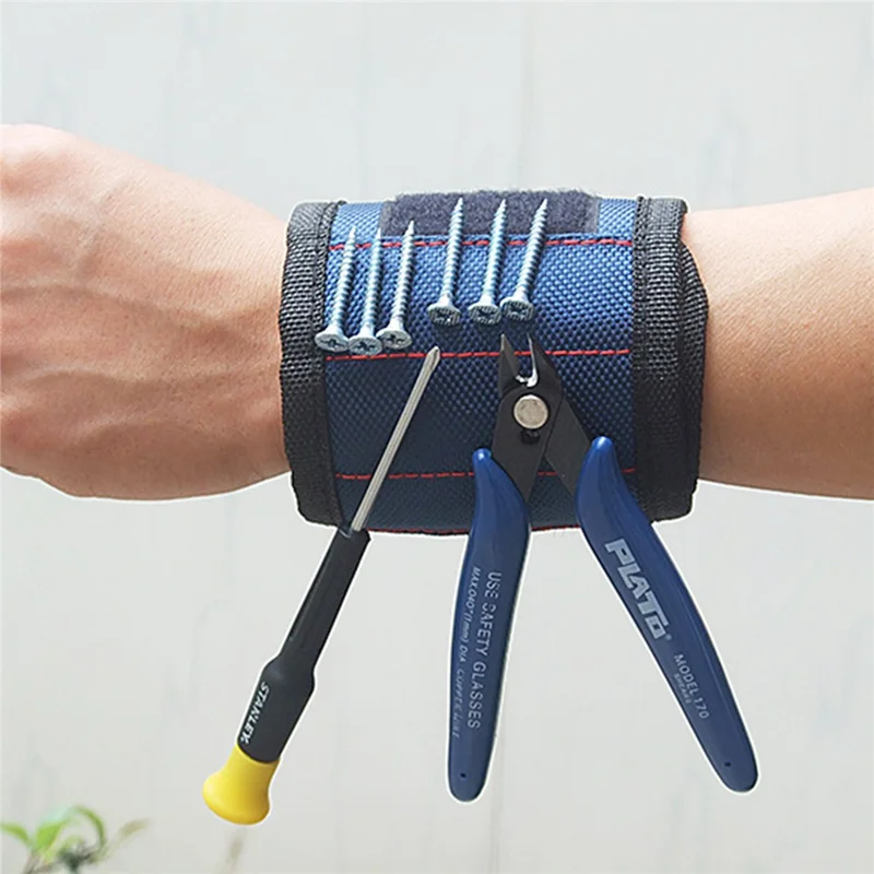 3-Row 9-Magnet Magnetic Tool Wristband Breathable Mesh Adjustable Magic Tape - Blue