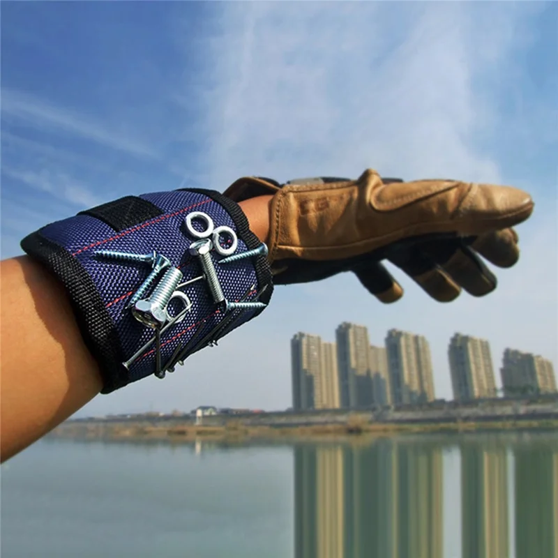 3-Row 9-Magnet Magnetic Tool Wristband Breathable Mesh Adjustable Magic Tape - Blue