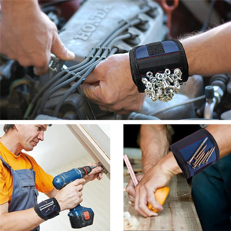 3-Row 9-Magnet Magnetic Tool Wristband Breathable Mesh Adjustable Magic Tape - Blue