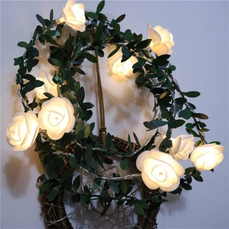 3m 20 LED Christmas Party Artificial Green Leaf Rattan Rose Flower Vine Battery Operated Light String DIY Decor