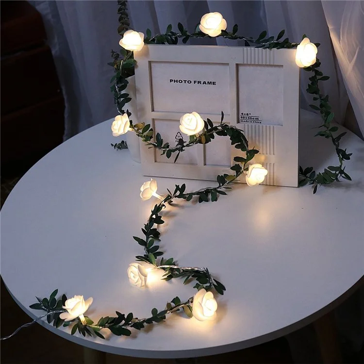 3m 20 LED Christmas Party Artificial Green Leaf Rattan Rose Flower Vine Battery Operated Light String DIY Decor