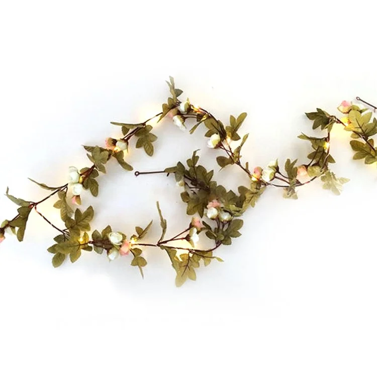 2.2m Fiori di rosa artificiali Fiori Foglie Vine String Light a batteria con filo di rame per Natale Matrimonio, Bianco / Rosa