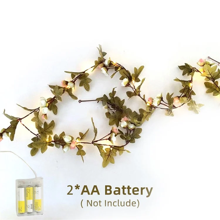 2.2m Fiori di rosa artificiali Fiori Foglie Vine String Light a batteria con filo di rame per Natale Matrimonio, Bianco / Rosa