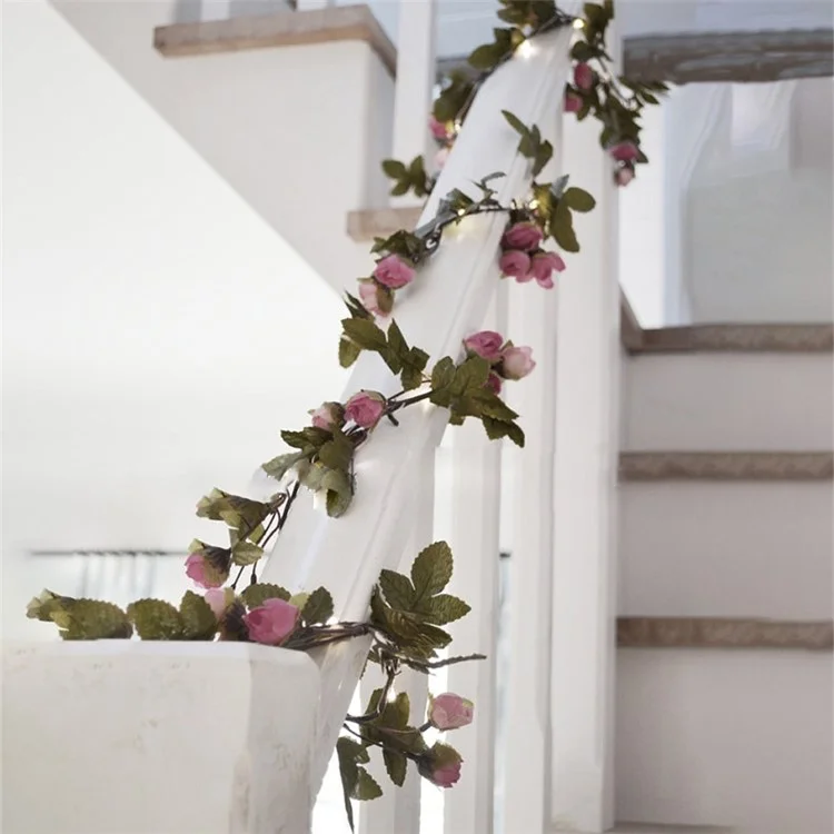 2.2m Fiori di rosa artificiali Fiori Foglie Vine String Light a batteria con filo di rame per Natale Matrimonio, Bianco / Rosa