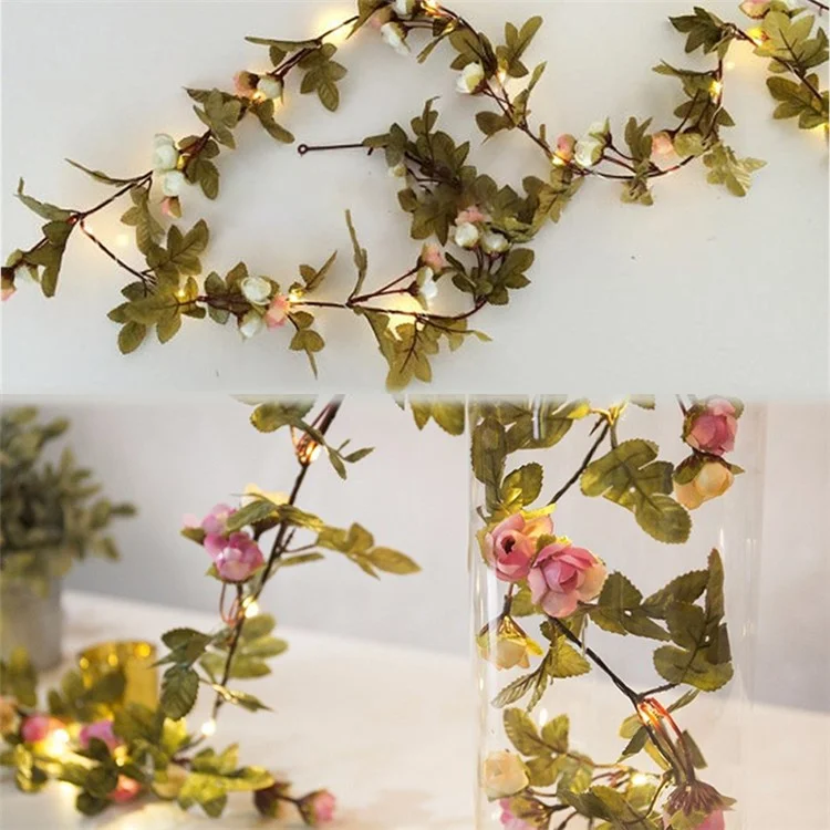 2.2m Fiori di rosa artificiali Fiori Foglie Vine String Light a batteria con filo di rame per Natale Matrimonio, Bianco / Rosa