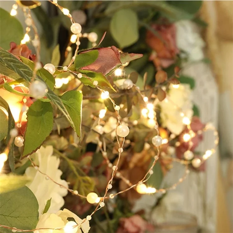 2m 20 LED Battery Operated Copper Wire String Light with Artificial Pearl Xmas Wedding Party Decor