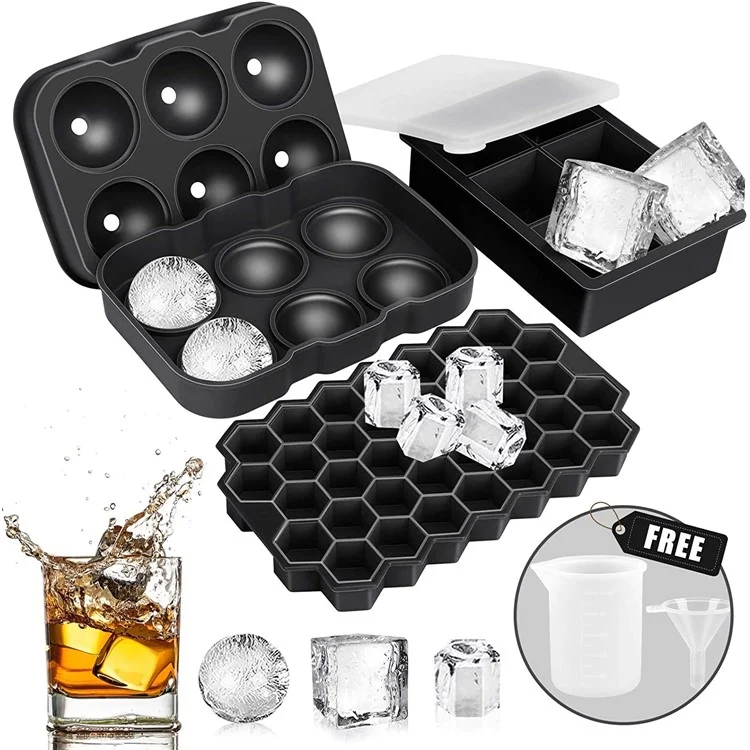 3pcs / Set BPA BPA Silicone Réutilisable Gratuite Silicone Sphere Roune + Square + Plateaux de Glace en Nid D'abeille Avec Couvercle et Entonnoir (sans Certificat de Fda)