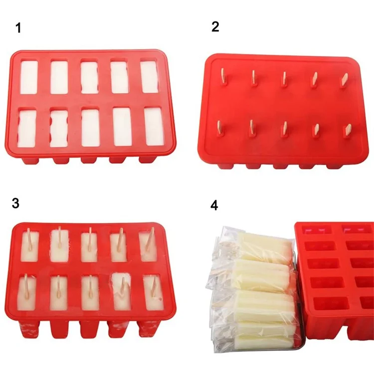 10-Grid Silicone Ice Lolly Mold Tray BPA Free DIY Mould with 50 Wooden Sticks (without FDA Certificate) - Red