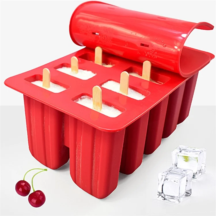 10-Grid Silicone Ice Lolly Mold Tray BPA Free DIY Mould with 50 Wooden Sticks (without FDA Certificate) - Red