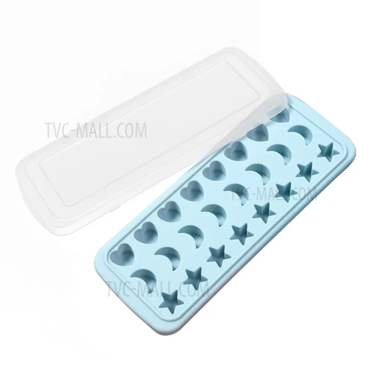 24-Grid Heart Moon Star Shaped BPA Free Silicone Ice Cube Tray Candy Mold with Removable Lid (without FDA Certificate) - Blue