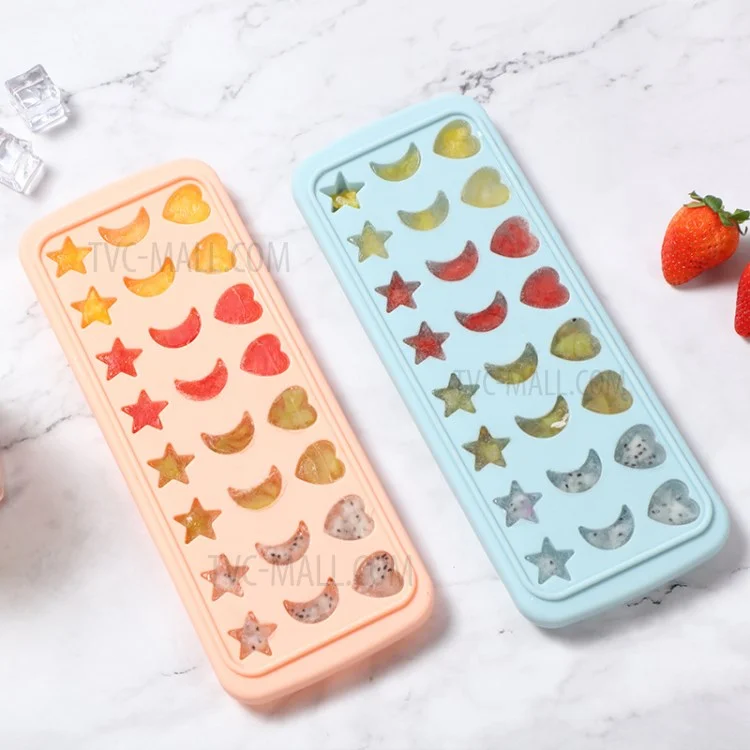 24-Grid Heart Moon Star Shaped BPA Free Silicone Ice Cube Tray Candy Mold with Removable Lid (without FDA Certificate) - Blue