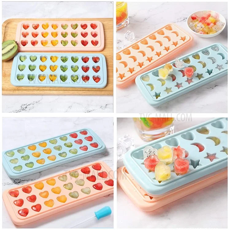 24-Grid Heart Moon Star Shaped BPA Free Silicone Ice Cube Tray Candy Mold with Removable Lid (without FDA Certificate) - Blue