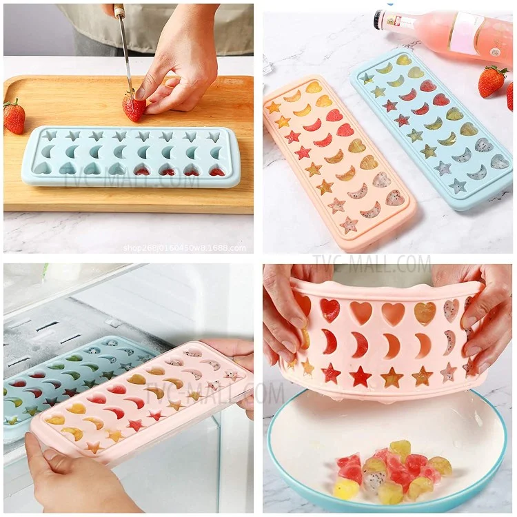 24-Grid Heart Moon Star Shaped BPA Free Silicone Ice Cube Tray Candy Mold with Removable Lid (without FDA Certificate) - Blue