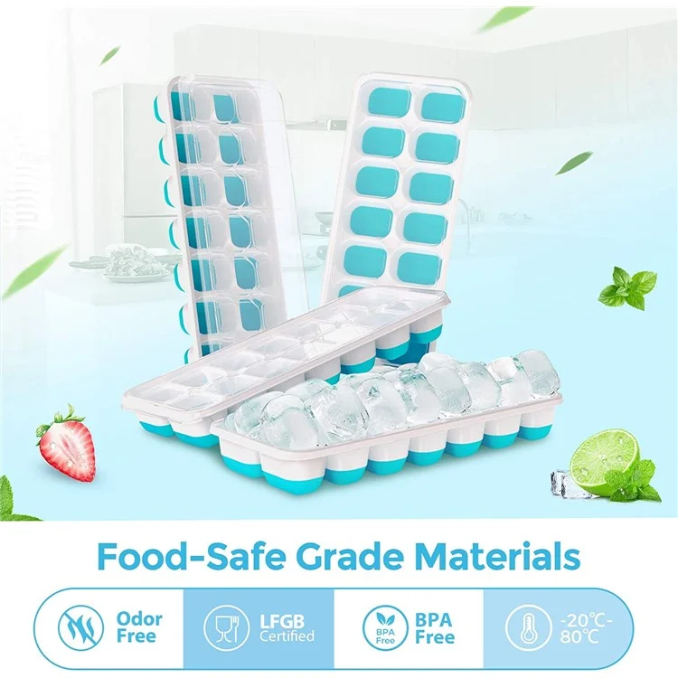 4Pcs 14-Grid Ice Cube Tray Easy-Release Bottom Silicone + Plastic Mold with Spill-Resistant Removable Lid for Cocktail Beer (LFGB Certified and BPA Free) - Blue