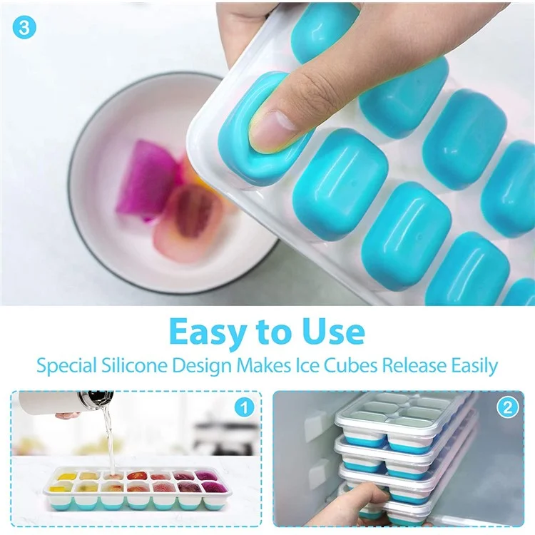 4Pcs 14-Grid Ice Cube Tray Easy-Release Bottom Silicone + Plastic Mold with Spill-Resistant Removable Lid for Cocktail Beer (LFGB Certified and BPA Free) - Blue