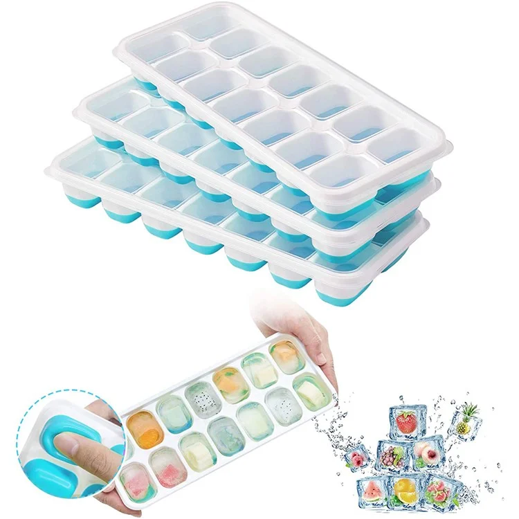 Bandeja de Cubo de Hielo de 14 Cuadrados Pc+moho de Silicona Con Tapa Extraíble Resistente a Derrames (certificado Lfgb y BPA Gratis) - Azul