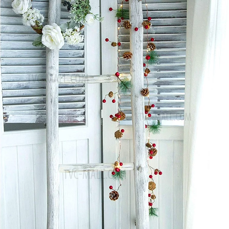 Luz de Natal LED artificial de abeto 2m 20 com contas de fruta vermelha, luz de fada de fio de cobre