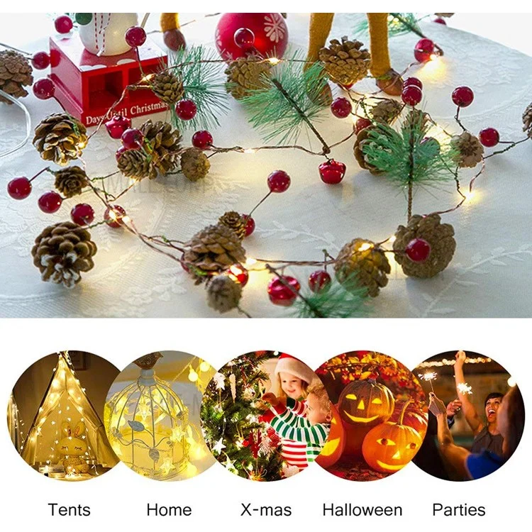 Luz de Natal LED artificial de abeto 2m 20 com contas de fruta vermelha, luz de fada de fio de cobre