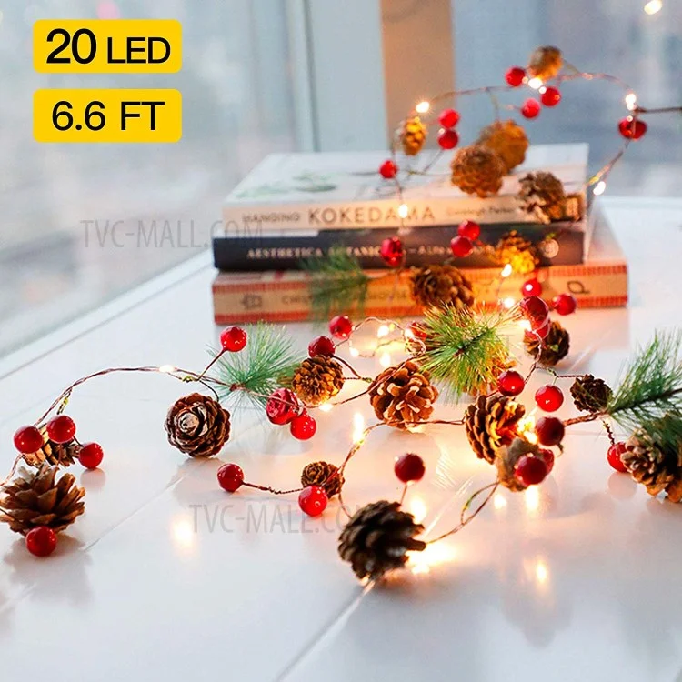 Luz de Natal LED artificial de abeto 2m 20 com contas de fruta vermelha, luz de fada de fio de cobre