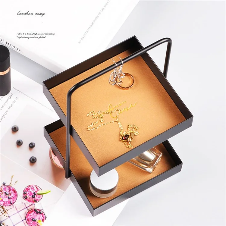 Nordic Style Light Luxury Double Leather Metal Tray Cosmetic Storage Box Perfume Container Stand (Size: S) - Square