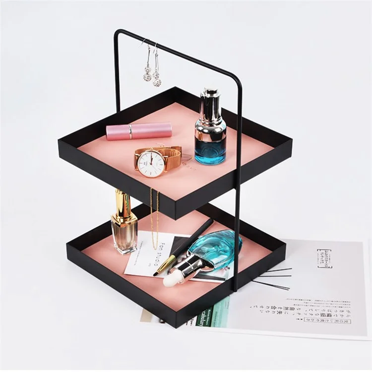 Nordic Style Light Luxury Double Leather Metal Tray Cosmetic Storage Box Perfume Container Stand (Size: S) - Square