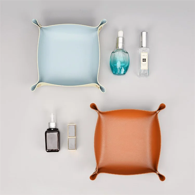 Bedside Organizer Desk Storage Plate Leather Catchall for Change Jewelry Key Phone Watch, Size L - Plain Texture/Matcha Green+Light Blue