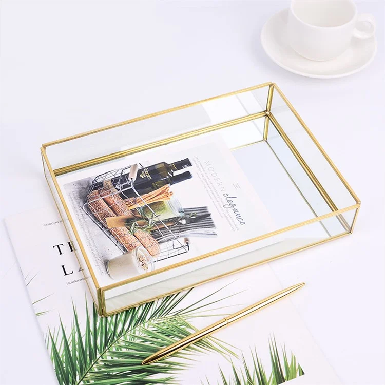 Nordic Style Glass Copper Rectangular Storage Tray Jewelry Necklace Tray Organizer - Gold/Size M