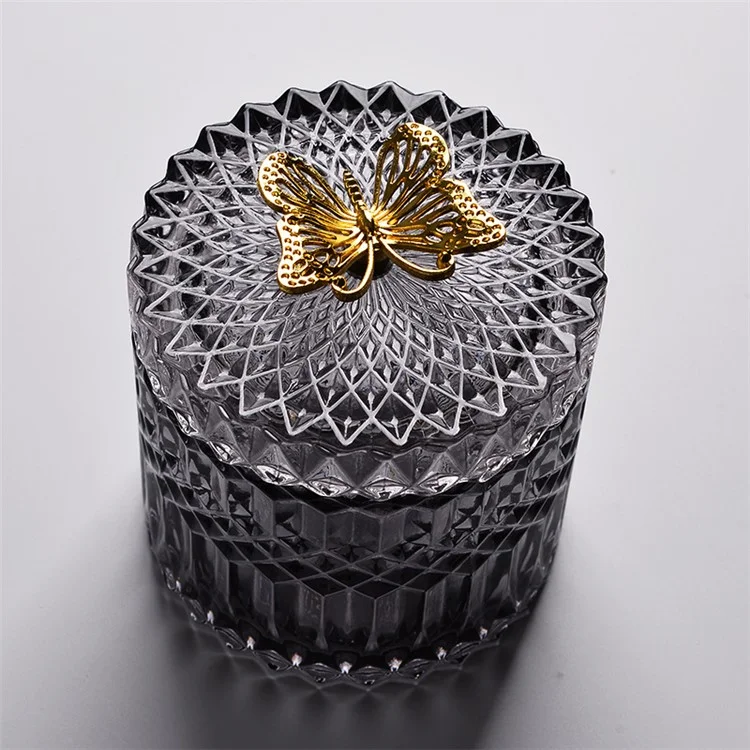 Crystal Candy Jar Decorative Jar Stylish Storage Jewelry Glass Storage Box Cute Candy Dish with Lid - Grey