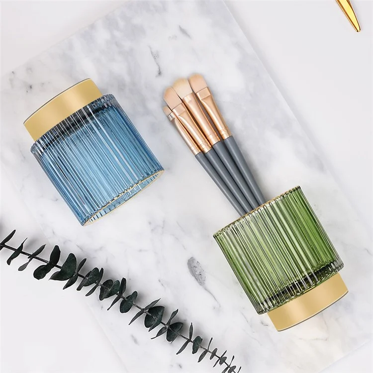 Multi-function Glass Storage Bucket with Golden Base Pen Holder Decoration Storage Tank Cup Makeup Brush Bucket Desktop Organizer, Size S - Blue